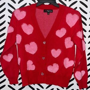 32 Degrees Red Cardigan with Pink Heart Motif -NWOT